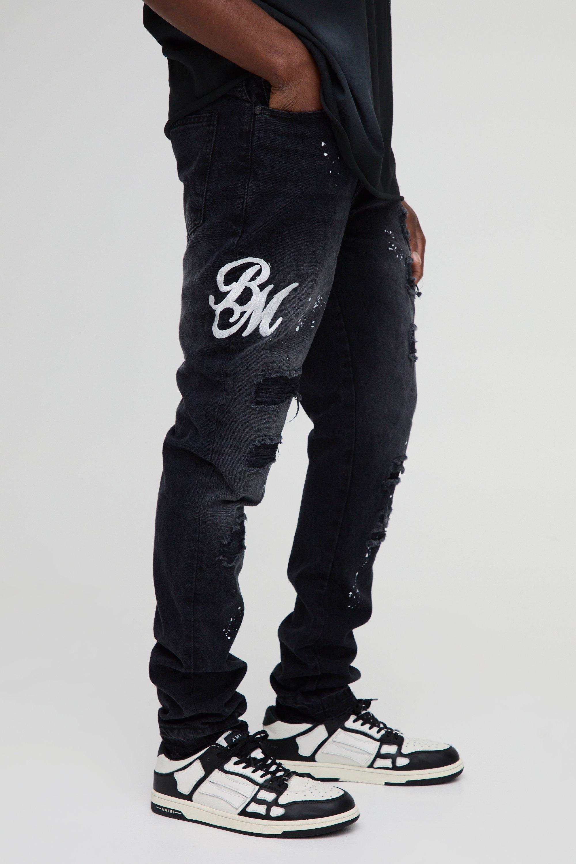 BoohooMAN Mens Slim Rigid Paint Splat Ripped Jeans Black